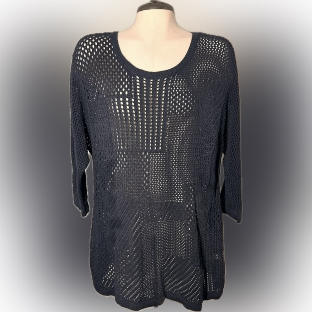 CJ Banks 1X Navy Blue Crochet Knit Tunic Sweater